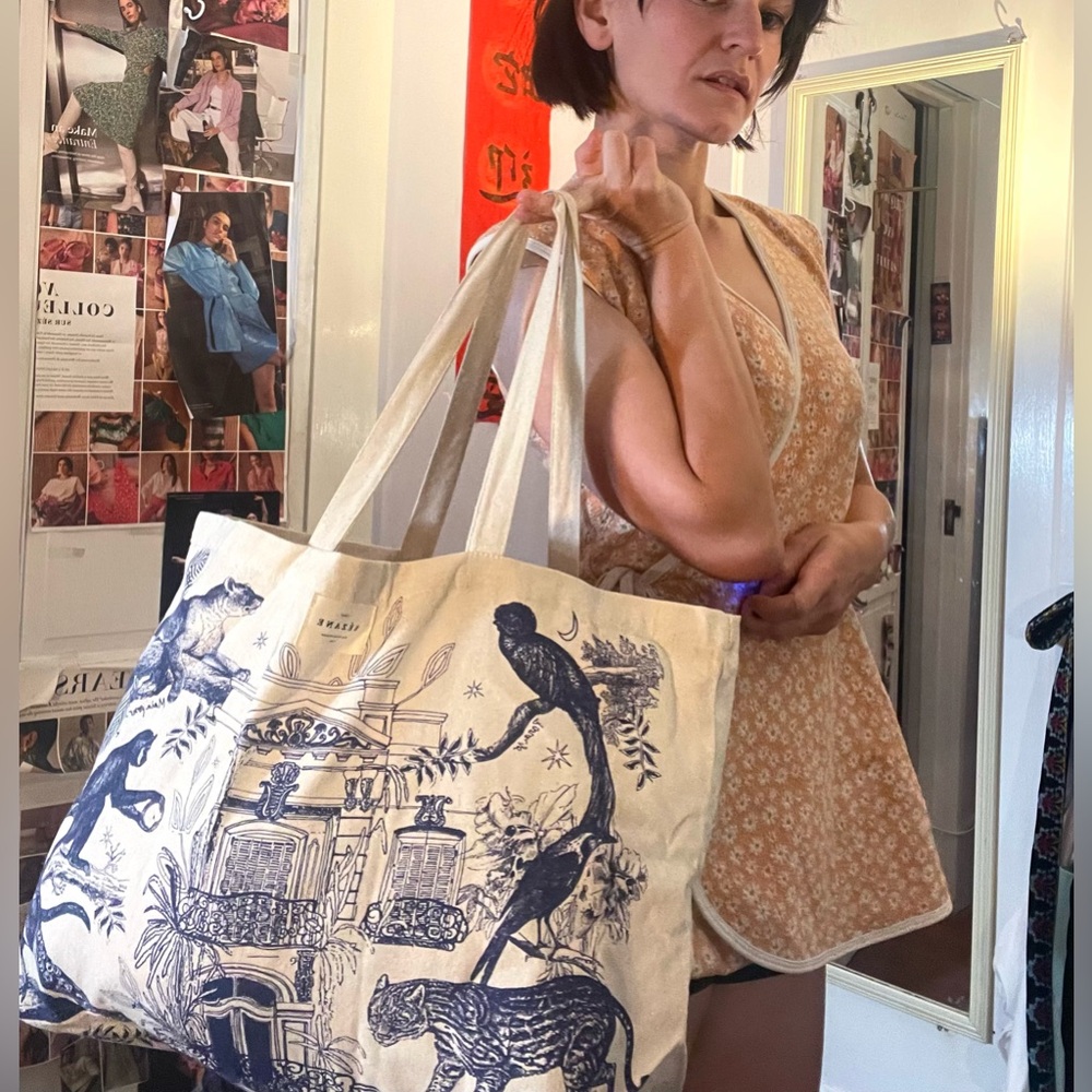 Sezane Cream Canvas Tote with Navy Animal & Architectural Print